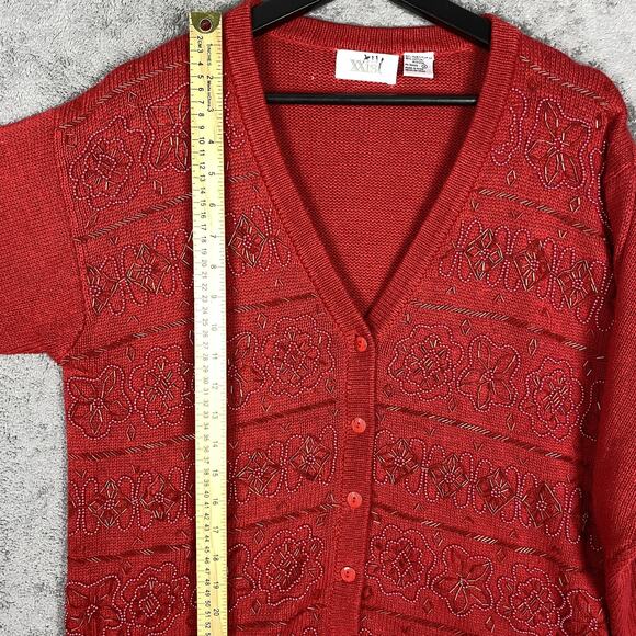 XXIst Cardigan Sweater Womens Small Red Beaded Floral Button Front Knit - Picture 15 of 16
